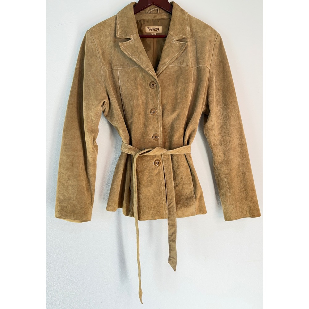 Wilsons Tan Suede Belted Leather Jacket Outdoor Western Utility Boho Indie XL